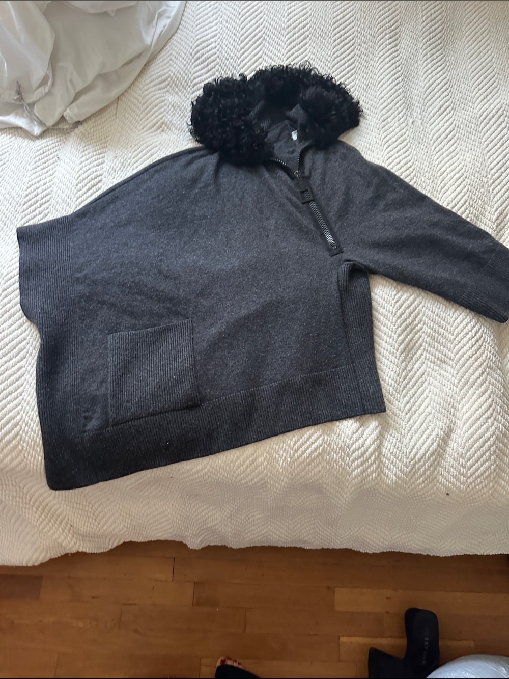 Iceberg wool Hooded Knit Cape with  Fur Trim — Black made in Italy